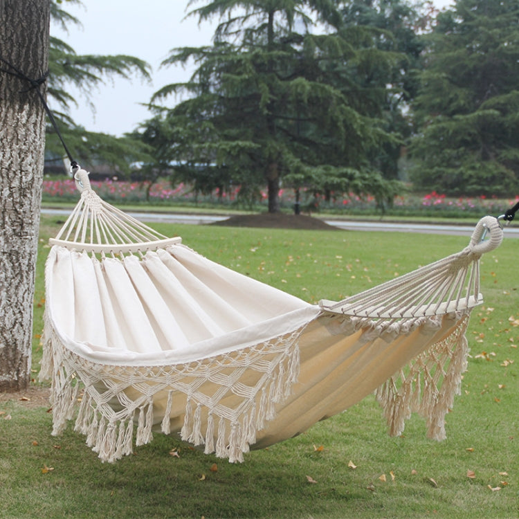 Lisslune | 200x150cm Double Outdoor Camping Fringe Canvas Hammock with Pole (White)