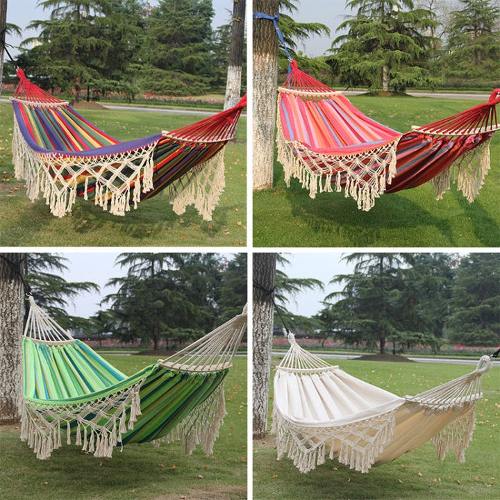 Lisslune | 200x150cm Double Outdoor Camping Fringe Canvas Hammock with Pole (White)