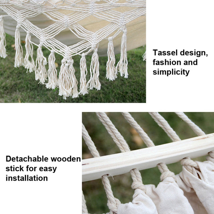 Lisslune | 200x150cm Double Outdoor Camping Fringe Canvas Hammock with Pole (White)