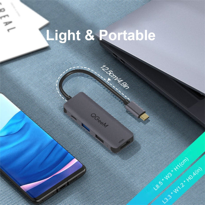 Lisslune | QGeeM UH04-1 4 In 1 USB 3.0 Multifunctional Type-C Expansion HUB Adapter (Silver Gray)