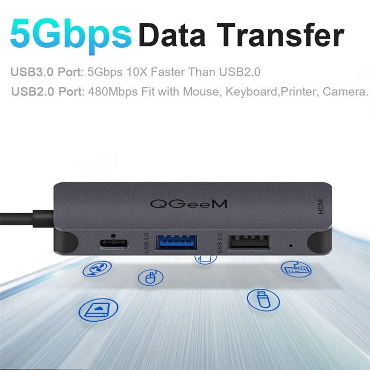 Lisslune | QGeeM UH04-1 4 In 1 USB 3.0 Multifunctional Type-C Expansion HUB Adapter (Silver Gray)