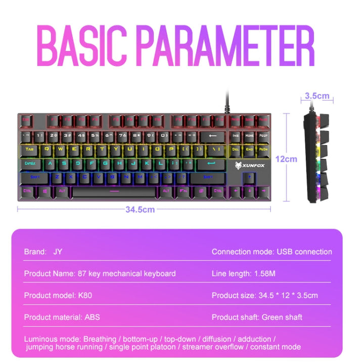 Lisslune | XUNFOX K80 87 Keys Wired Gaming Mechanical Illuminated Keyboard, Cable Length: 1.5 m (Pink White)