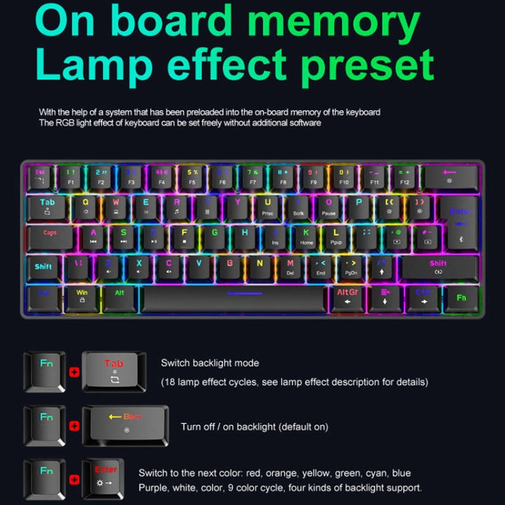 Lisslune | ZIYOU LANG T60 62-Key RGB Illuminated Mechanical Wired Keyboard, Cable Length: 1.5 m (White Green Shaft)