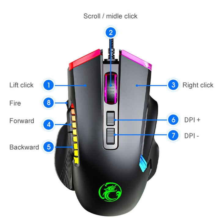 Lisslune | IMICE T70 8-Button 7200DPI RGB Lighting Programmable Wired Gaming Mouse, Cable Length: 1.8 m (Black)