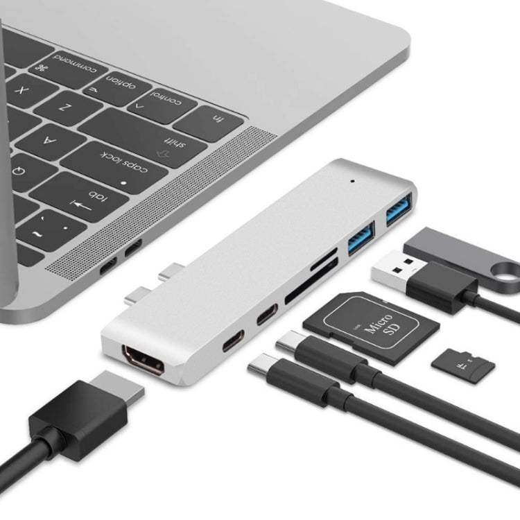 Lisslune | 7 In 1 100W USB 3.1 To 20VPD+Card Reader Data+HUB+HDMI 4K Converter(Silver)