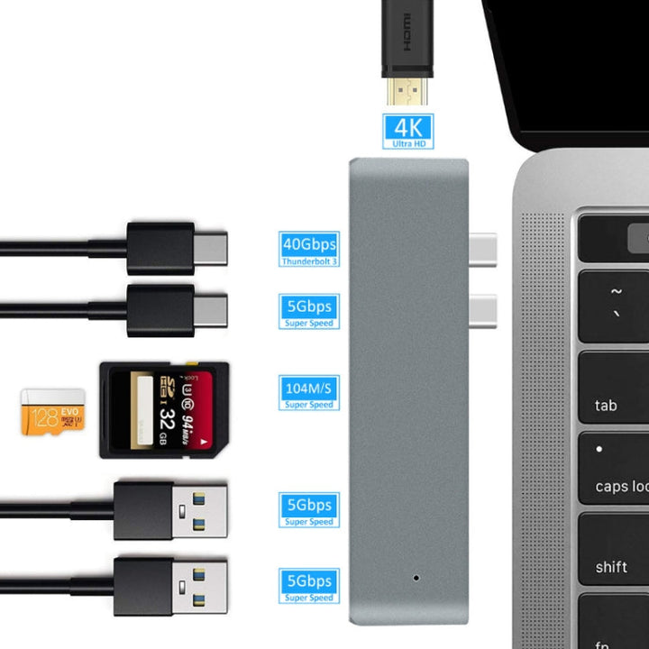 Lisslune | 7 In 1 100W USB 3.1 To 20VPD+Card Reader Data+HUB+HDMI 4K Converter(Silver)