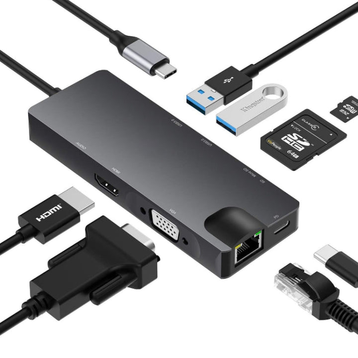 Lisslune | 8 In 1 Type-C to HDMI+VAG Gigabit RJ45+USB3.0 Docking Station (Gray)