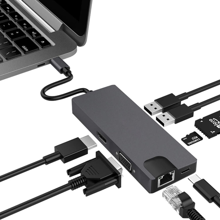 Lisslune | 8 In 1 Type-C to HDMI+VAG Gigabit RJ45+USB3.0 Docking Station (Gray)