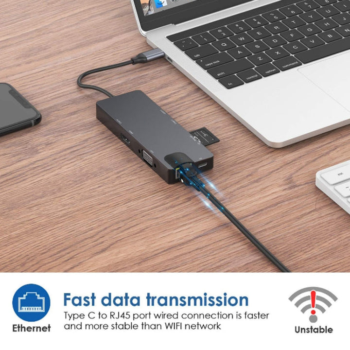 Lisslune | 8 In 1 Type-C to HDMI+VAG Gigabit RJ45+USB3.0 Docking Station (Gray)