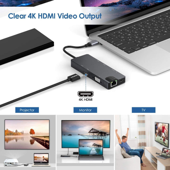 Lisslune | 8 In 1 Type-C to HDMI+VAG Gigabit RJ45+USB3.0 Docking Station (Gray)