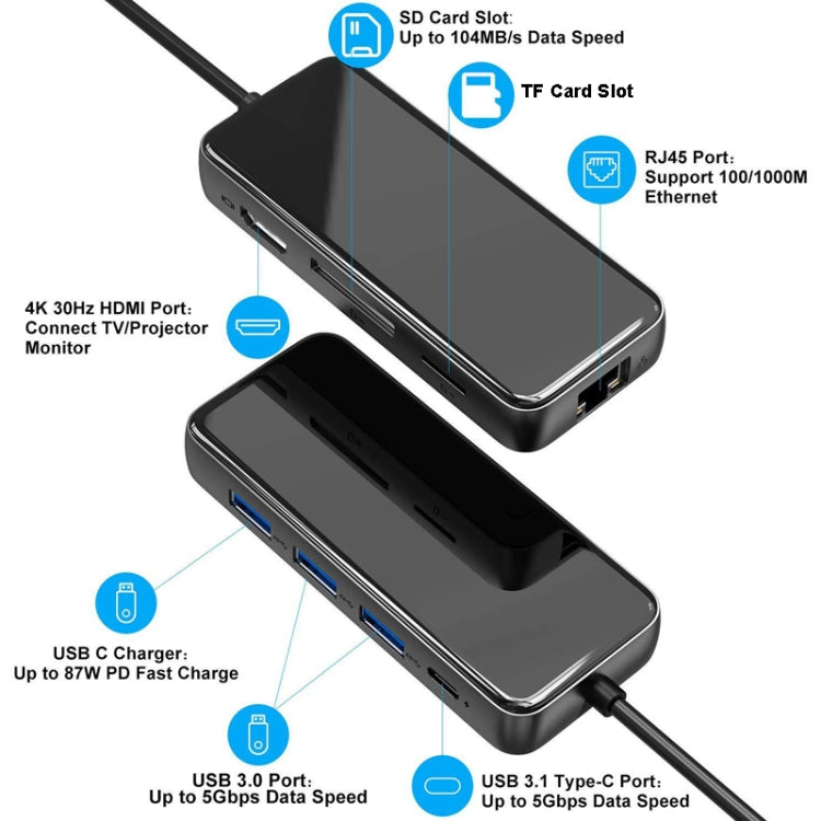 Lisslune | Type-C Expansion Dock HDMI Hub Mirror Laptop 8 In 1 Converter (Black)