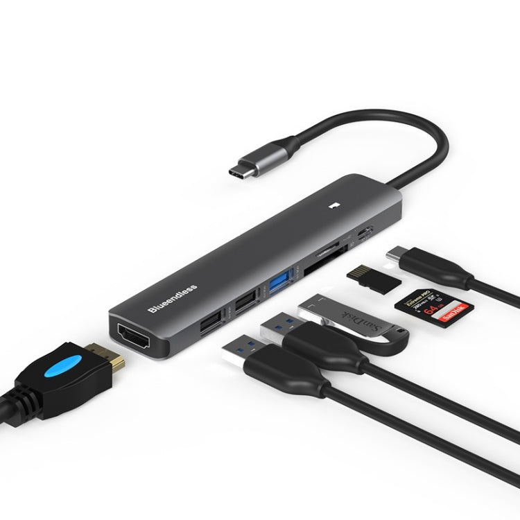 Lisslune | Blueendless Type-C+USB 3.0/2.0+HDMI4K HUB, Specification: 7 in 1
