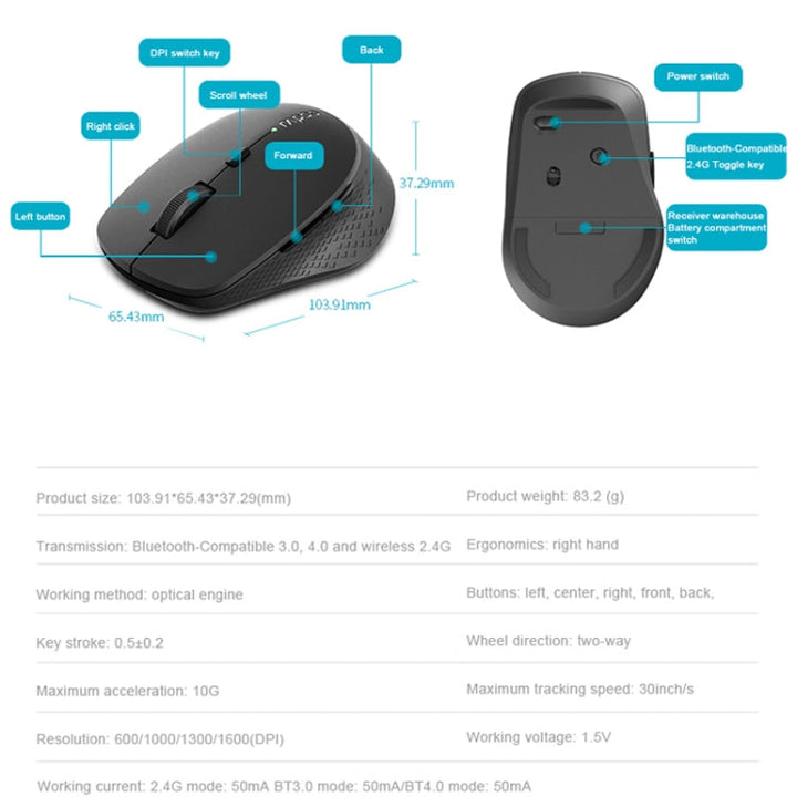 Lisslune | Rapoo M300G 1600DPI 3 Button Laptop Office Silent Wireless Bluetooth Mouse (Light Gray)