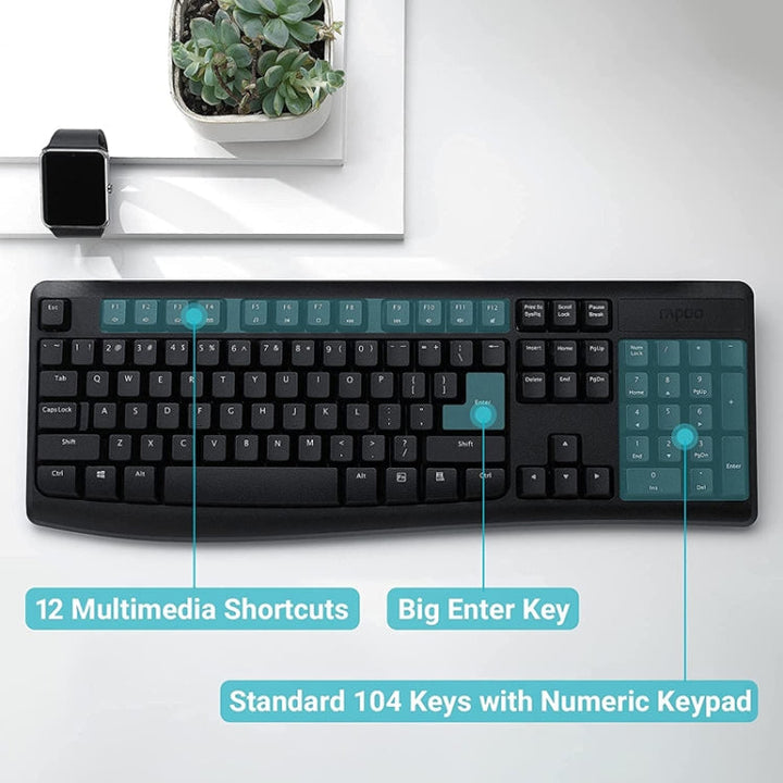 Lisslune | Rapoo X1800PRO 104 Key Waterproof Multimedia Wireless Keyboard Mouse Set (Black)