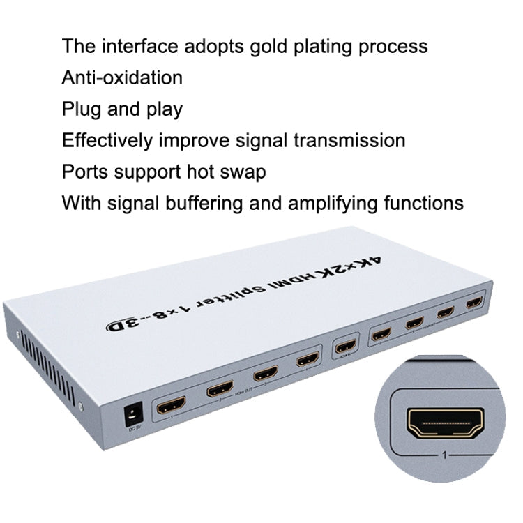 Lisslune | DTECH DT-7148 HDMI 2.0 1 In 8 Out 4K X 2K HD Splitter, CN Plug