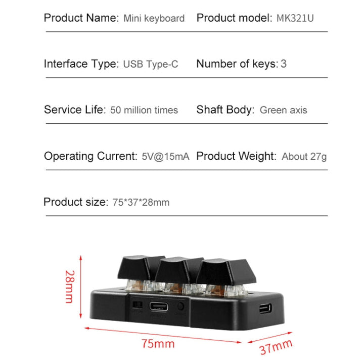 Lisslune | MK321 3 Keys Customizable Key Gaming Office PS Clip Macro Programming Keyboard, Cable Length: 1.5 m (Black)