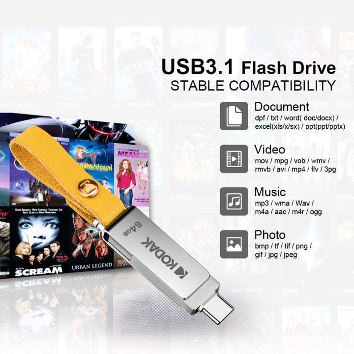 Lisslune | Kodak K243C 2 In 1 Type-C/USB-C + USB3.1 High-Speed Transfer U-Disk, Capacity: 128GB