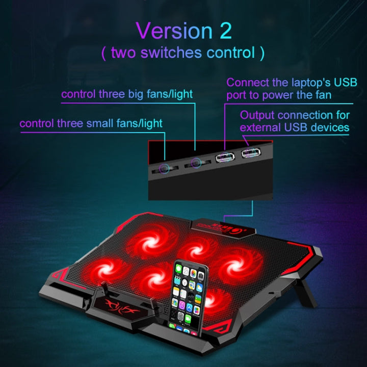 Lisslune | CoolCold 17 Inch Gaming Laptop Cooler Six Fans Two USB Ports 2600RPM Laptop Cooling Pad (Black Red)