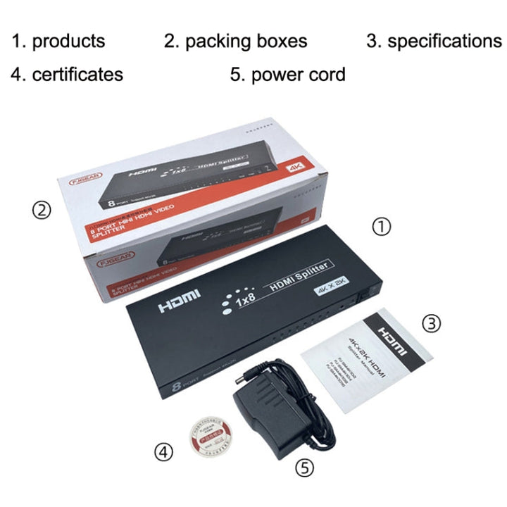 Lisslune | FJGEAR SM4K108 8 Ports HDMI Splitter 4K HD Audio and Video Splitter EU Plug