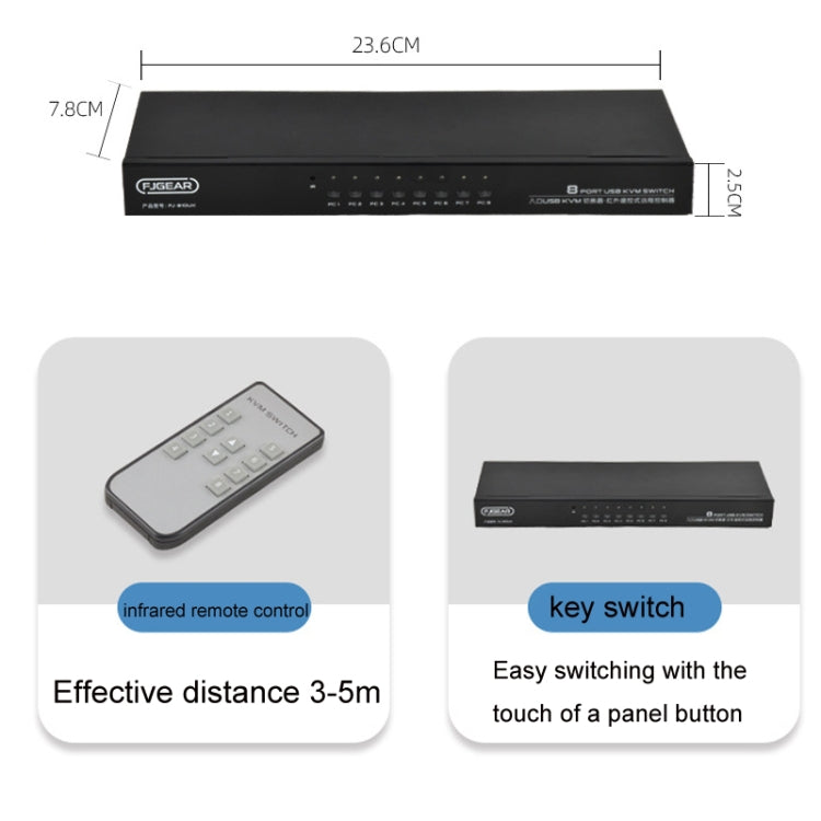 Lisslune | FJGEAR FJ-810UK 8 In 1 Out Computer Host VGA To KVM Switch With Desktop Switch, EU Plug (Black)