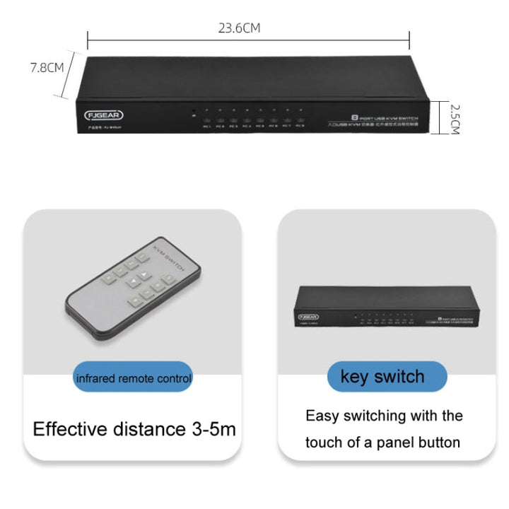 Lisslune | FJGEAR FJ-810UK 8 In 1 Out Computer Host VGA To KVM Switch With Desktop Switch, EU Plug (Black)