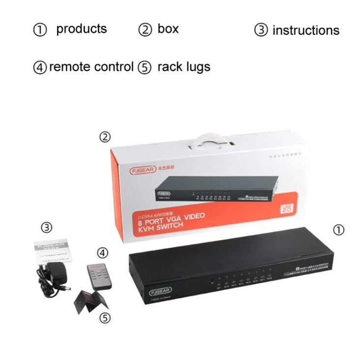 Lisslune | FJGEAR FJ-810UK 8 In 1 Out Computer Host VGA To KVM Switch With Desktop Switch, EU Plug (Black)