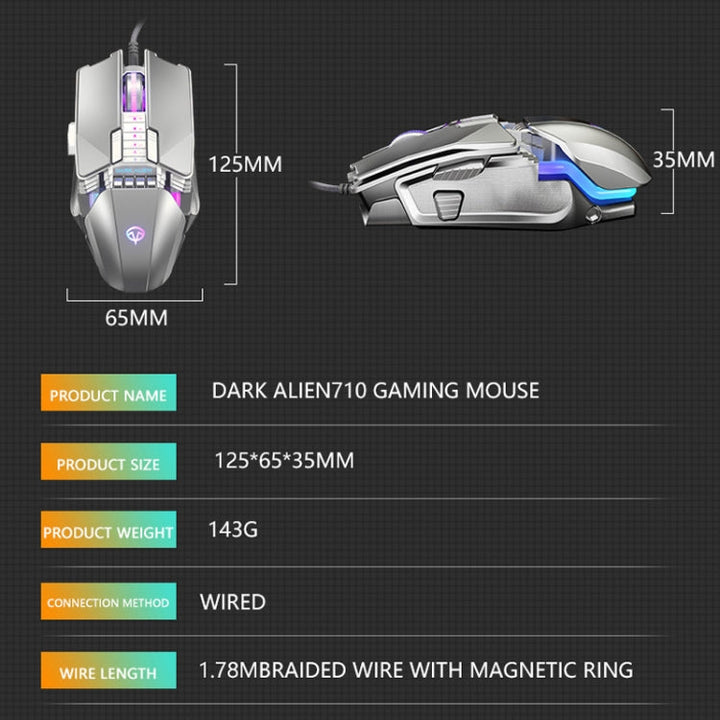 Lisslune | Dark Alien V710 7 Keys Metal Office Adapter Wired RGB Mouse, Cable Length: 1.78 m (Black)