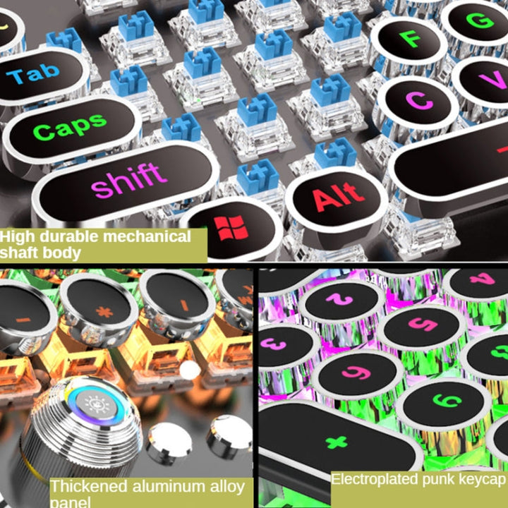 Lisslune | K820 104 Keys Retro Punk Plating Button Illuminated Wired Green Shaft Keyboard, Cable Length: 1.6 m, Style: Running Light (Black)