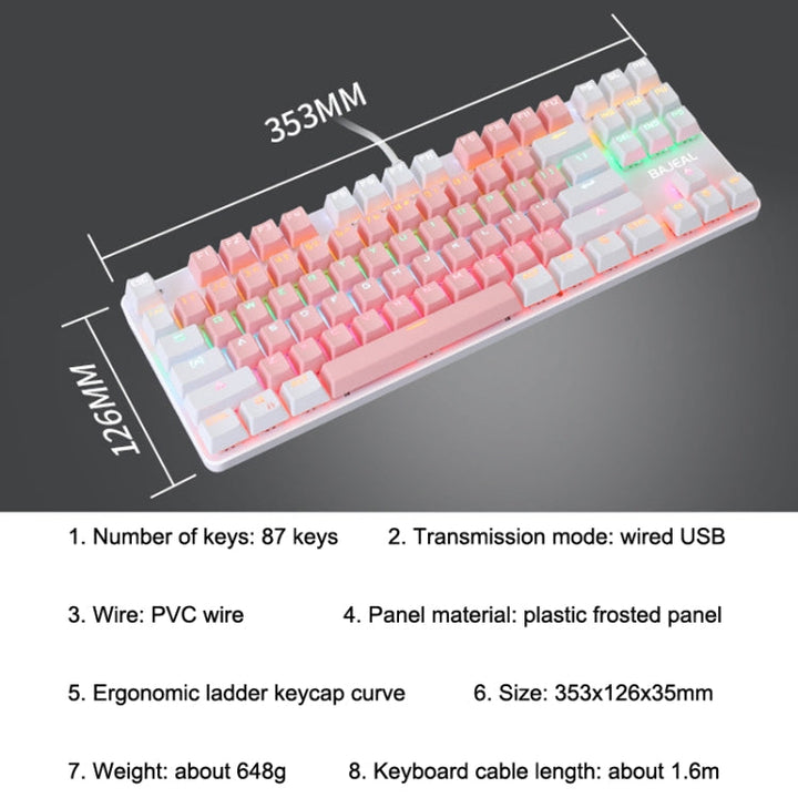 Lisslune | BAJEAL K100 87 Keys Green Shaft Wired Mechanical Keyboard, Cable Length: 1.6m(Black)
