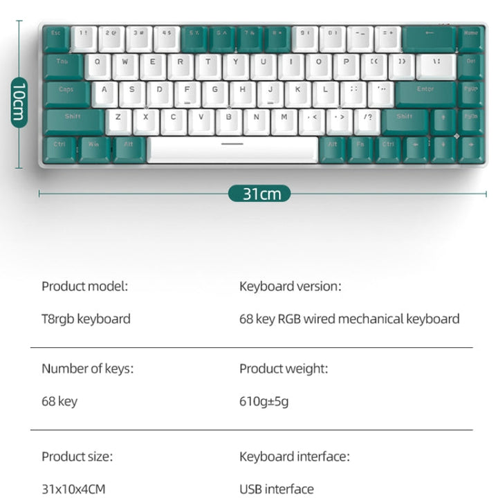 Lisslune | ZIYOU LANG T8 68 Keys RGB Gaming Mechanical Keyboard, Cable Length: 1.5m, Style: Micro Light Version Green Shaft
