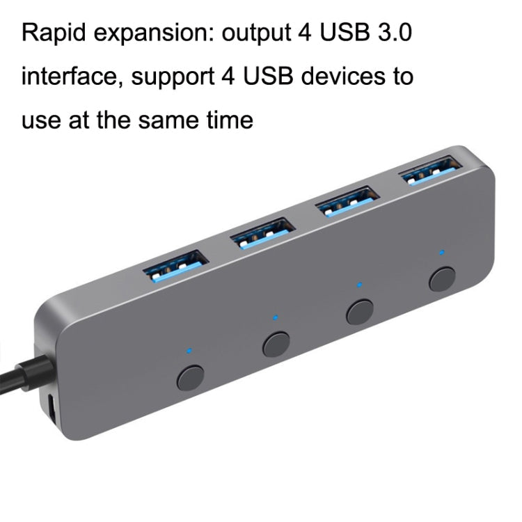 Lisslune | HS0059 Independent Switch USB 3.0 4 Ports Expansion Type-C / USB-C Aluminum Alloy HUB, Cable Length: 30cm