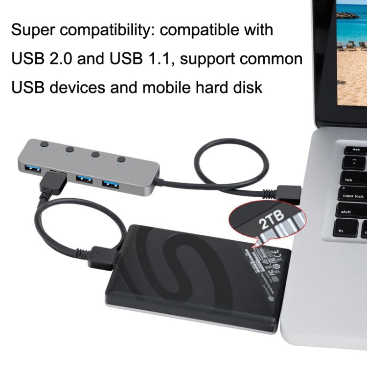Lisslune | HS0059 Independent Switch USB 3.0 4 Ports Expansion Type-C / USB-C Aluminum Alloy HUB, Cable Length: 30cm