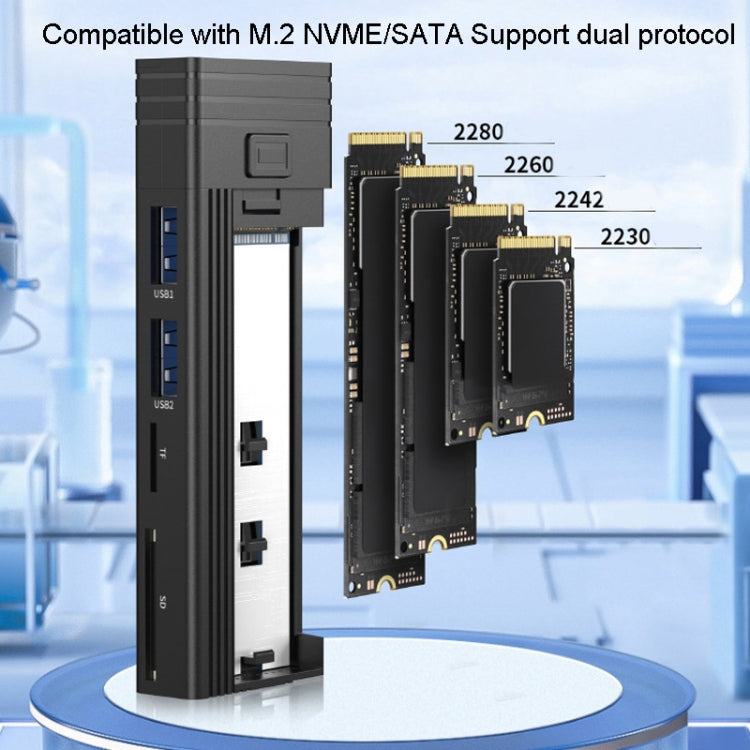 Lisslune | M.2 NVME SATA SSD enclosure adapter with 4 in 1 hub USB 3.2 Gen 2 10Gbps HDD adapter support for SD/TF card reader (Black)