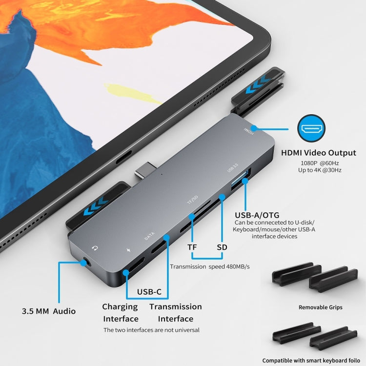 Lisslune | For iPad Pro 7-in-1 HDMI 4K + 3.5 mm Audio + SD/TF + 1 USB 3.0 + USB-C/Type-C + PD USB-C Docking Station