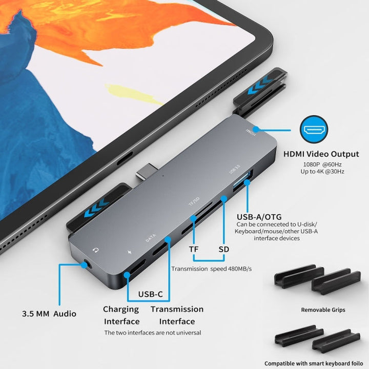 Lisslune | For iPad Pro 7-in-1 HDMI 4K + 3.5 mm Audio + SD/TF + 1 USB 3.0 + USB-C/Type-C + PD USB-C Docking Station