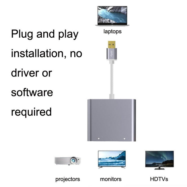 Lisslune | USB 3.0 to Dual HDMI High Resolution Converter 4K USB Same Screen Extender (Gray)