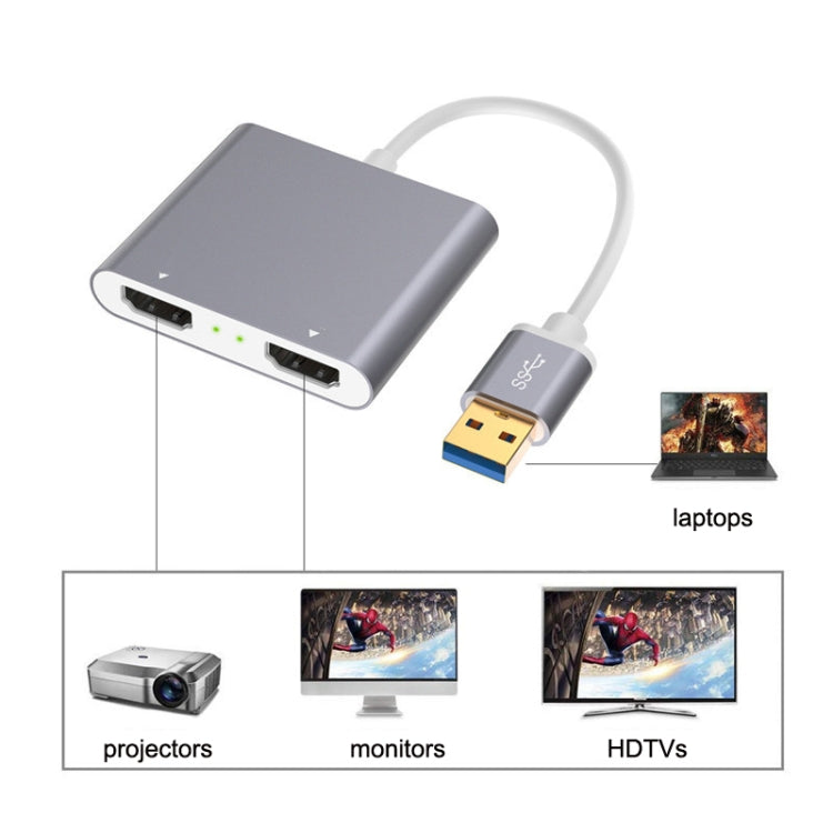 Lisslune | USB 3.0 to Dual HDMI High Resolution Converter 4K USB Same Screen Extender (Gray)