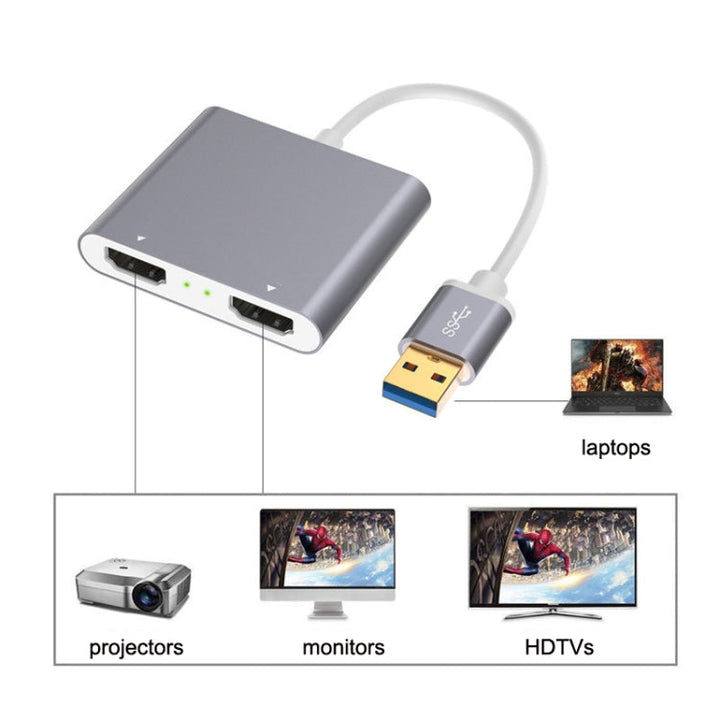 Lisslune | USB 3.0 to Dual HDMI High Resolution Converter 4K USB Same Screen Extender (Gray)
