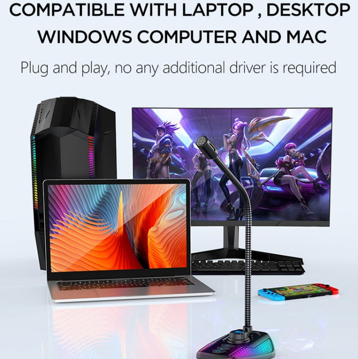 Lisslune | USB Gaming Microphone Built-in Sound Card 5 Voice Switching Modes with RGB Lighting