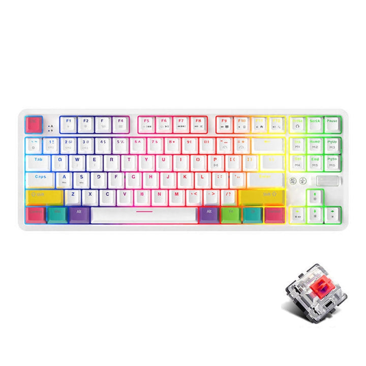 Lisslune | Ajazz K870T 87-Key Hot Swap Bluetooth/Cable Dual Mode RGB Backlit Office Gaming Mechanical Keyboard Red Switch (White)