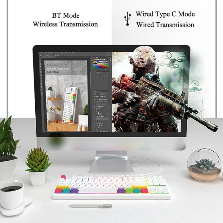 Lisslune | Ajazz K870T 87-Key Hot Swap Bluetooth/Wired Dual Mode RGB Backlight Office Gaming Mechanical Keyboard Green Switches (White)