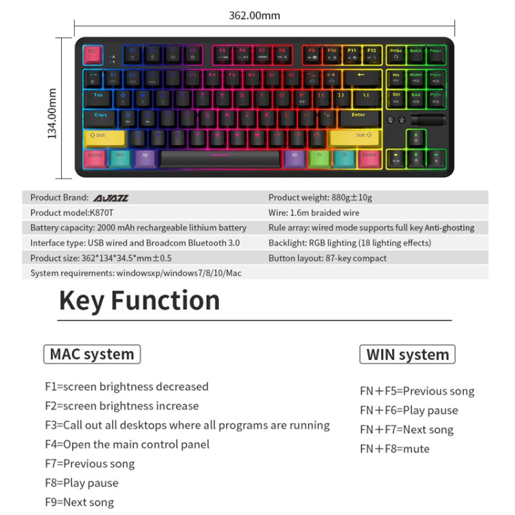 Lisslune | Ajazz K870T 87-Key Hot Swap Bluetooth/Wired Dual Mode RGB Backlight Office Gaming Mechanical Keyboard Tea Shaft (Black)