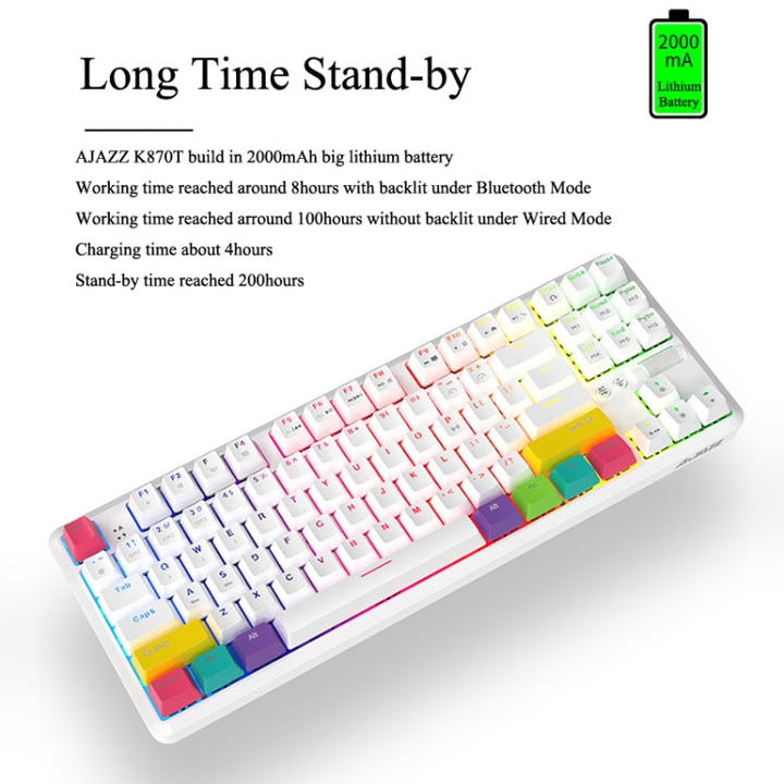 Lisslune | Ajazz K870T 87-Key Hot Swap Bluetooth/Wired Dual Mode RGB Backlight Office Gaming Mechanical Keyboard Tea Shaft (White)