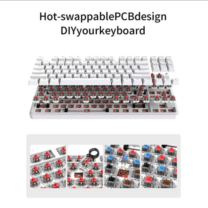 Lisslune | Ajazz K870T 87-Key Hot Swap Bluetooth/Cable Dual Mode RGB Backlit Office Gaming Mechanical Keyboard Red Switch (White)