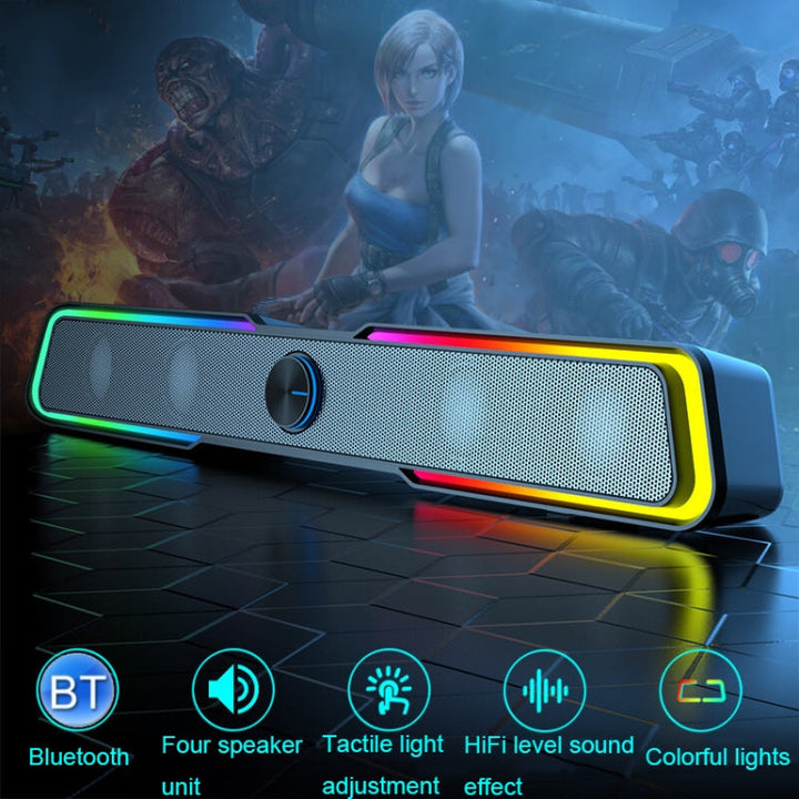 Lisslune | Wired+Bluetooth Version DHE6002S RGB Lights HiFi Sound Effect Computer Audio Desktop Long Strip Speaker