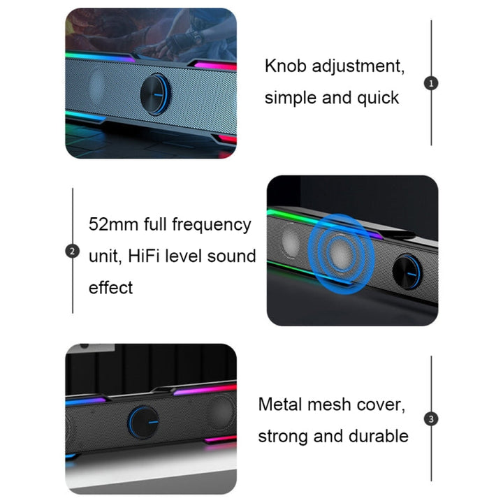 Lisslune | Wired+Bluetooth Version DHE6002S RGB Lights HiFi Sound Effect Computer Audio Desktop Long Strip Speaker