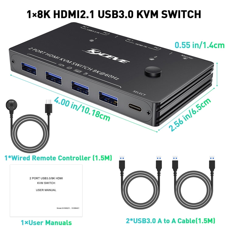 Lisslune | KC-KVM8201 USB3.0 Switch U Disk Printer Two Computers to Share 8K HDMI KVM Switch (Black)