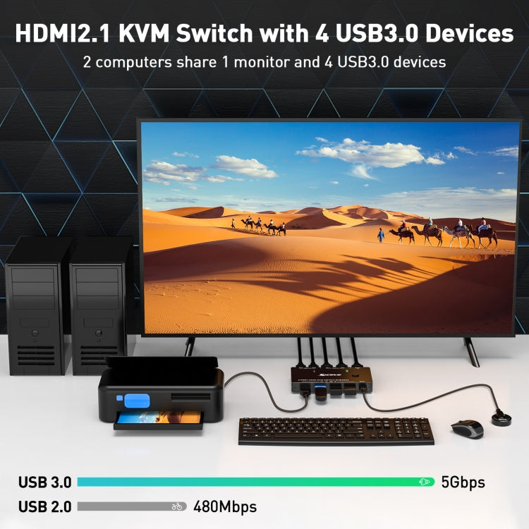 Lisslune | KC-KVM8201 USB3.0 Switch U Disk Printer Two Computers to Share 8K HDMI KVM Switch (Black)