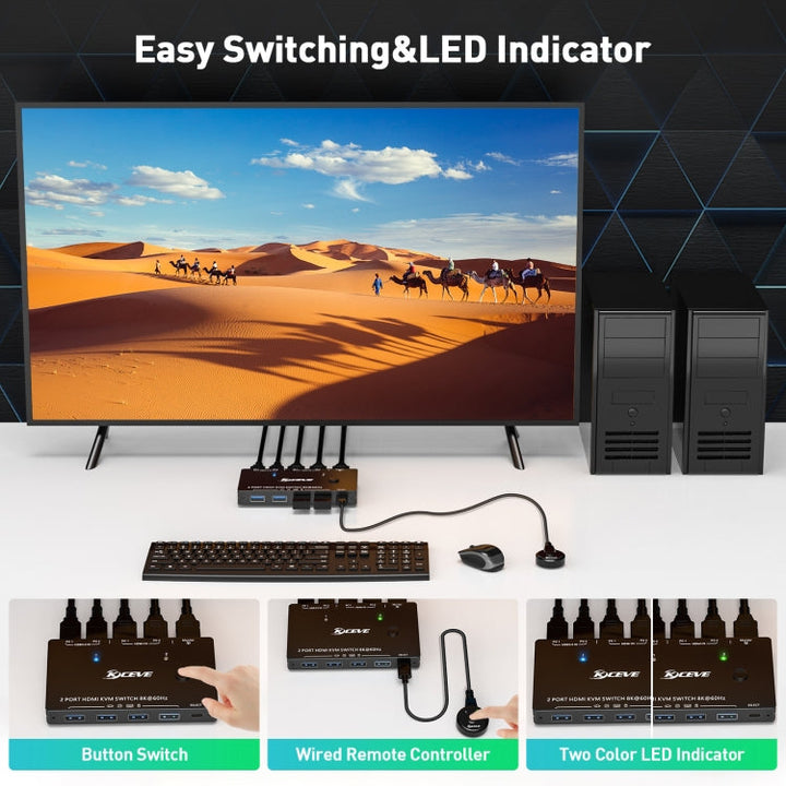 Lisslune | KC-KVM8201 USB3.0 Switch U Disk Printer Two Computers to Share 8K HDMI KVM Switch (Black)