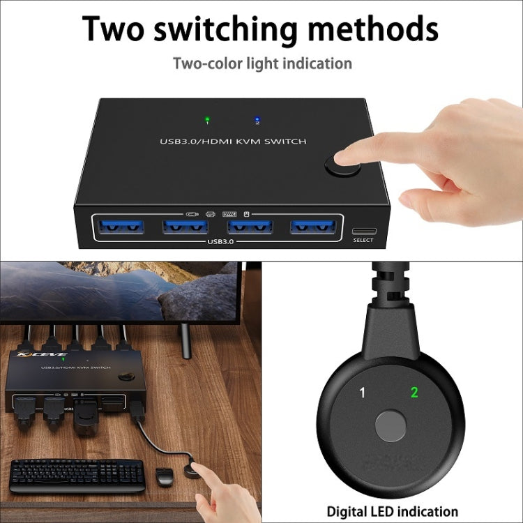 Lisslune | KC-KVM201A 2 In 1 Out 4K 60HZ HDMI KVM Switching USB3.0 Split Computer Form Printer U Disk(Black)